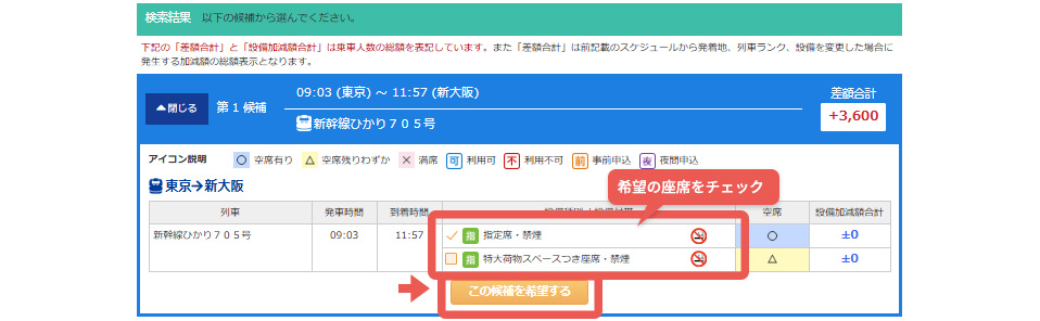 希望の席種をチェックして『この候補を希望する』をクリック!