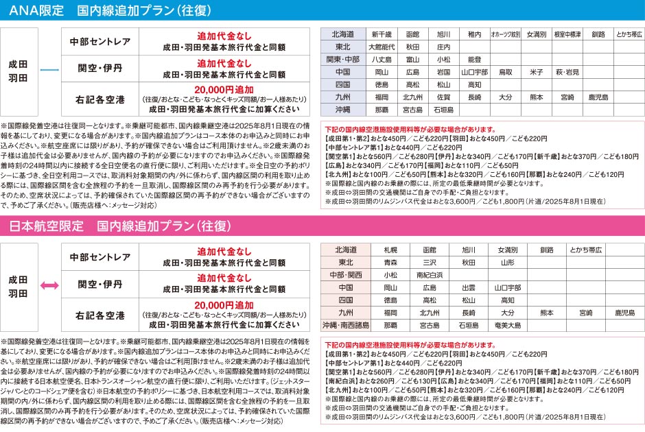 ANA限定：国内線追加プラン（往復）／日本航空限定：国内線追加プラン（往復）